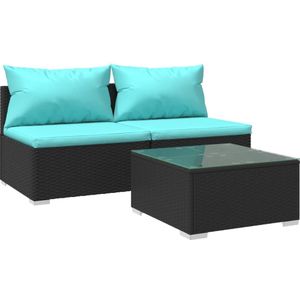 vidaXL 3-delige Loungeset met kussens poly rattan zwart