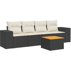 vidaXL 5-delige Loungeset met kussens poly rattan zwart