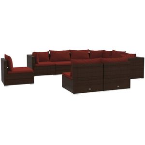 vidaXL 9-delige Loungeset met kussens poly rattan bruin