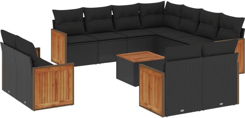 vidaXL - 12-delige - Loungeset - met - kussens - poly - rattan - zwart