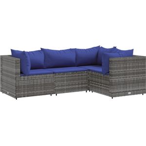 vidaXL - 4-delige - Loungeset - met - kussens - poly - rattan - grijs