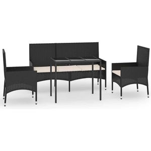 vidaXL 4-delige Loungeset met kussens poly rattan zwart