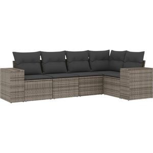 vidaXL 5-delige Loungeset met kussens poly rattan grijs