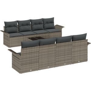 vidaXL 9-delige tuinzetelset met kussens Grijs Poly Rattan