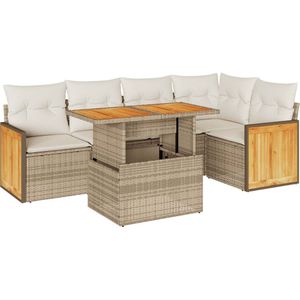 vidaXL 6-delige Loungeset met kussens poly rattan acacia beige