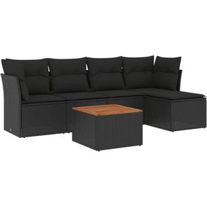 vidaXL 6-delige Loungeset met kussens poly rattan zwart