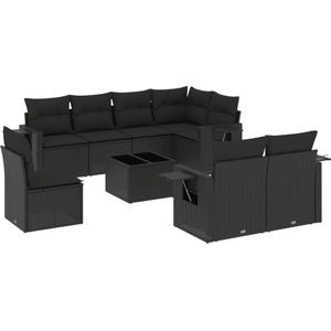 vidaXL 9-delige Loungeset met kussens poly rattan zwart