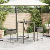 vidaXL 3-delige Tuinbarset met kussens poly rattan grijs