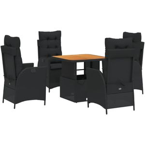 vidaXL 5-delige Tuinset met kussens poly rattan zwart