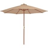 <p>Deze elegante houten parasol is perfect om schaduw te creëren en jezelf te beschermen tegen schadelijke uv-straling. Het parasoldoek is gemaakt van uv-beschermend en anti-vervagend polyester, waardoor het optimale bescherming biedt en gemakkelijk schoon te maken is.</p>
<p>Met een paaldiameter van 48 mm kan de parasol in een bestaande voet of in het midden van een tafel worden geplaatst. De sterke houten paal en de 8 duurzame baleinen zorgen voor stabiliteit en duurzaamheid.</p>
<p>Deze tuinparasol kan eenvoudig geopend en gesloten worden dankzij het zwengelmechanisme. Het product is ook eenvoudig te monteren.</p>
<p>Let op, wij adviseren om het doek te behandelen met een waterdichtmakende spray als het wordt blootgesteld aan zware regenval.</p>
<ul>
  <li>Kleur doek: taupe</li>
  <li>Materiaal frame: gelamineerd bamboe en hardhout</li>
  <li>Materiaal hoes: stof</li>
  <li>Totale afmetingen: 300 x 250 cm (ø x H)</li>
  <li>Diameter buis: 48 mm</li>
  <li>Met luchtventilatie en zwengelsysteem</li>
  <li>Met 8 baleinen</li>
  <li>Materiaal: Polyester: 100%</li>
</ul>