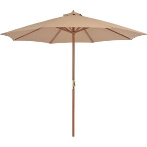 <p>Deze elegante houten parasol is perfect om schaduw te creëren en jezelf te beschermen tegen schadelijke uv-straling. Het parasoldoek is gemaakt van uv-beschermend en anti-vervagend polyester, waardoor het optimale bescherming biedt en gemakkelijk schoon te maken is.</p>
<p>Met een paaldiameter van 48 mm kan de parasol in een bestaande voet of in het midden van een tafel worden geplaatst. De sterke houten paal en de 8 duurzame baleinen zorgen voor stabiliteit en duurzaamheid.</p>
<p>Deze tuinparasol kan eenvoudig geopend en gesloten worden dankzij het zwengelmechanisme. Het product is ook eenvoudig te monteren.</p>
<p>Let op, wij adviseren om het doek te behandelen met een waterdichtmakende spray als het wordt blootgesteld aan zware regenval.</p>
<ul>
  <li>Kleur doek: taupe</li>
  <li>Materiaal frame: gelamineerd bamboe en hardhout</li>
  <li>Materiaal hoes: stof</li>
  <li>Totale afmetingen: 300 x 250 cm (ø x H)</li>
  <li>Diameter buis: 48 mm</li>
  <li>Met luchtventilatie en zwengelsysteem</li>
  <li>Met 8 baleinen</li>
  <li>Materiaal: Polyester: 100%</li>
</ul>