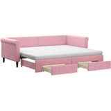 vidaXL Slaapbank met onderschuifbed en lades 90x200 cm fluweel roze
