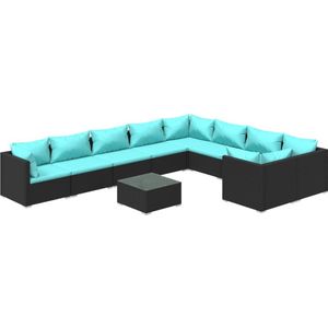 vidaXL 10-delige Loungeset met kussens poly rattan zwart