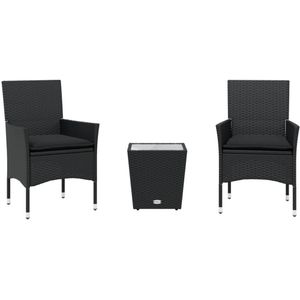 vidaXL - 3-delige - Bistroset - met - kussens - poly - rattan - en - glas - zwart