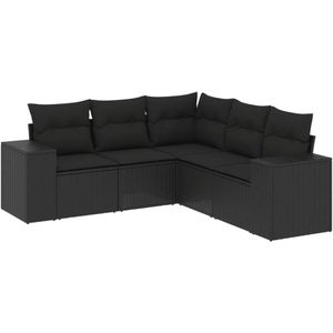 vidaXL 5-delige Loungeset met kussens poly rattan zwart