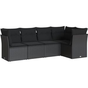 vidaXL 5-delige Loungeset met kussens poly rattan zwart