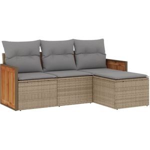 vidaXL 4-delige Loungeset met kussens poly rattan beige