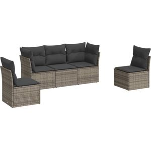 vidaXL 5-delige Loungeset met kussens poly rattan grijs