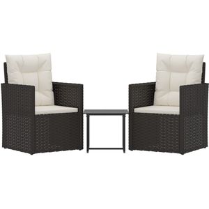 vidaXL 3-delige Loungeset met kussens poly rattan zwart