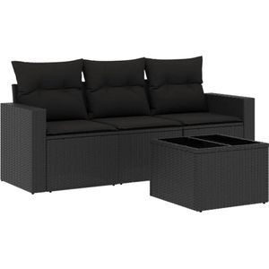 vidaXL 4-delige Loungeset met kussens poly rattan zwart