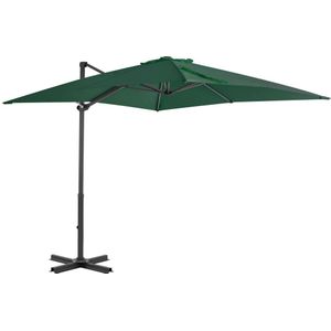 <p>Deze elegante hangende parasol is de perfecte keuze om wat schaduw te creëren en jezelf te beschermen tegen de schadelijke uv-straling van de zon.</p>
<p>Het parasoldoek is gemaakt van UV-beschermend en anti-vervagend polyester waardoor het je optimale bescherming tegen de zon biedt en het gemakkelijk schoon te maken is.</p>
<p>De parasol beschikt over een stevige kruisvoet die bijdraagt aan de stabiliteit.</p>
<p>Het exclusieve ontwerp van deze parasol stelt je in staat om de parasol te kantelen en 360 graden te draaien om zo de zon te kunnen blokkeren.</p>
<p>De sterke aluminium paal, samen met de 8 duurzame baleinen, maakt de parasol zeer stabiel en duurzaam.</p>
<p>Onze tuinparasol kan eenvoudig geopend en gesloten worden dankzij het zwengelmechanisme.</p>
<p>Het product is eenvoudig te monteren.</p>
<p>Let op, wij adviseren om het doek te behandelen met een waterdichtmakende spray als hij wordt blootgesteld aan zware regenval.</p>
<ul>
<li>Kleur: groen</li>
<li>Materiaal: stof met PA coating en aluminium</li>
<li>Totale afmetingen: 250 x 250 x 230 cm (L x B x H)</li>
<li>Afmetingen kruisvoet: 64,5 x 64,5 cm (L x B)</li>
<li>Met luchtventilatie en zwengelsysteem</li>
<li>Kantelbaar en 360 graden draaibaar</li>
<li>Inclusief 8 aluminium baleinen</li>
<li>Materiaal: Polyester: 100%</li>
</ul>