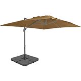 <p>Deze parasol is de perfecte keuze voor iedereen die op zoek is naar bescherming tegen de zon. Met zijn stevige aluminium frame en groot uv-bestendig doek biedt hij optimale bescherming. De parasol kan eenvoudig geopend en gesloten worden door aan de knop op de paal te draaien.</p>
<p>Het aluminium frame en de 8 stevige aluminium baleinen zorgen ervoor dat de parasol duurzaam is en lang meegaat. Het exclusieve ontwerp van de parasol maakt het mogelijk om hem te kantelen en 360 graden te draaien, zodat je altijd in de schaduw kunt zitten.</p>
<p>De grote, afneembare stalen kruisvoet zorgt voor extra stabiliteit zonder veel ruimte in beslag te nemen. De voet bestaat uit 4 afzonderlijke delen en kan gevuld worden met 60 liter water of 80 kg zand, waardoor hij ideaal is voor parasols met een kruisbasis.</p>
<p>De parasolvoet is lichtgewicht en gemakkelijk te verplaatsen wanneer hij leeg is. Hij is gemaakt van kunststof en heeft een zwarte kleur. De afmetingen van elk onderdeel zijn 50 x 50 x 7,5 cm (L x B x H) en de capaciteit van ieder deel is 15 liter.</p>
<p>Specificaties:</p>
<ul>
  <li>Parasol:</li>
  <ul>
    <li>Kleur: taupe</li>
    <li>Afmetingen: 4 x 3 x 2,68 m (L x B x H)</li>
    <li>Materiaal frame: aluminium en staal</li>
    <li>Bevat een handzwengel</li>
  </ul>
  <li>Extra parasolvoet:</li>
  <ul>
    <li>Kleur: zwart</li>
    <li>Materiaal: kunststof</li>
    <li>Afmetingen van elk onderdeel: 50 x 50 x 7,5 cm (L x B x H)</li>
    <li>Kan worden gevuld met water of zand</li>
    <li>Capaciteit van ieder deel: 15 L</li>
    <li>Bestaat uit vier onderdelen</li>
    <li>Geschikt voor alle kruis parasolvoeten</li>
  </ul>
</ul>