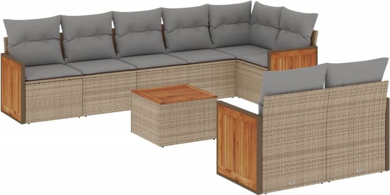 vidaXL 9-delige Loungeset met kussens poly rattan beige