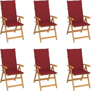 vidaXL Tuinstoelen 6 st met wijnrode kussens massief teakhout