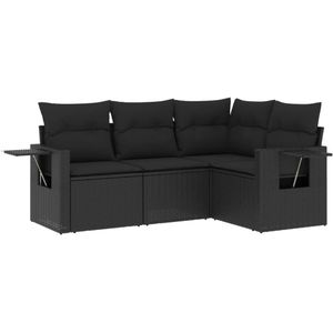 vidaXL 4-delige Loungeset met kussens poly rattan zwart