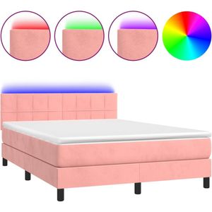 VidaXL Boxspring met Matras en LED Fluweel Roze 140x200 cm