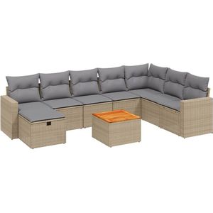 vidaXL - 9-delige - Loungeset - met - kussens - poly - rattan - gemengd - beige