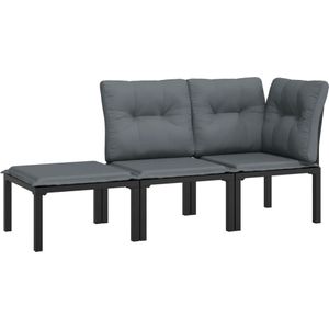 vidaXL 3-delige Loungeset met kussens poly rattan zwart en grijs