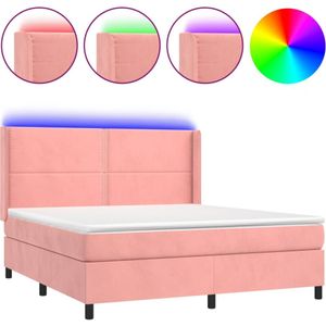 vidaXL Boxspring met matras en LED fluweel roze 160x200 cm