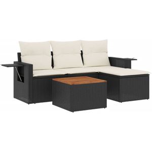 vidaXL 5-delige Loungeset met kussens poly rattan zwart