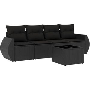 vidaXL 5-delige Loungeset met kussens poly rattan zwart