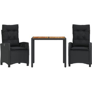 vidaXL 3-delige Tuinset met kussens poly rattan zwart