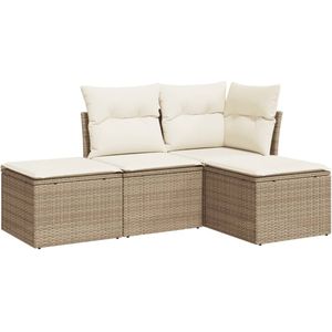 vidaXL 4-delige Loungeset met kussens poly rattan beige