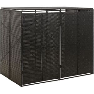 <p>Deze dubbele containerberging is ideaal om je containers uit het zicht te houden in de tuin. Het duurzame materiaal, poly rattan, is bestendig tegen verschillende weersomstandigheden en vereist weinig onderhoud. Het stabiele frame, gemaakt van gepoedercoat staal, zorgt voor stevigheid en stabiliteit.</p>
<p>Het praktische ontwerp van deze afvalberging maakt het gemakkelijk om afval in de container te gooien. Het deksel kan worden geopend en de berging heeft deuren met een slot aan de voorkant, waardoor de bak gemakkelijk kan worden verwijderd en geleegd. Let op: bij dit product wordt een montagehandleiding geleverd voor eenvoudige montage. De container wordt niet meegeleverd.</p>
<ul>
  <li>Kleur: zwart</li>
  <li>Materiaal: PE-rattan en gepoedercoat staal</li>
  <li>Totale afmetingen: 140 x 80 x 117 cm (B x D x H)</li>
  <li>Biedt plaats aan 2 containers</li>
</ul>