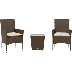 vidaXL - 3-delige - Bistroset - met - kussens - poly - rattan - en - glas - bruin
