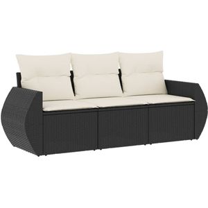 vidaXL 3-delige Loungeset met kussens poly rattan zwart