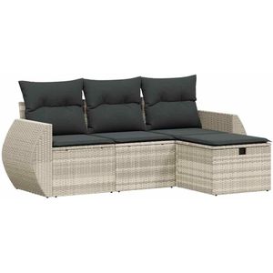 vidaXL 4-delige Loungeset met kussens poly rattan lichtgrijs