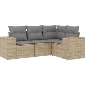 vidaXL 4-delige Loungeset met kussens poly rattan beige