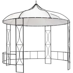 <p>Dit ruime tuinpaviljoen met prachtige decoratieve details is een elegante toevoeging aan je buitenruimte. Het houdt je familie en gasten koel en beschut op zonnige dagen. De luifel heeft een ventilatiegat en zorgt ervoor dat de zon en de regen het plezier niet bederven tijdens familieaangelegenheden, barbecues, picknicks en verjaardagsfeestjes.</p>
<p>De partytent heeft een stevige, ijzeren constructie met sierlijke, decoratieve details en een polyester dak. De luifel heeft verstevigde randen en kan gemakkelijk met klittenband aan het frame worden bevestigd. Let op: dit product mag nooit worden gebruikt in slechte weersomstandigheden, zoals sterke wind, zware regen, sneeuw of storm.</p>
<ul>
  <li>Kleur: wit en zwart</li>
  <li>Materiaal: stof (100% polyester) en gepoedercoat ijzer</li>
  <li>Afmetingen: 3 x 2,9 m (ø x H)</li>
  <li>Hoogte dakrand: 195 cm</li>
  <li>Frame met prachtige, decoratieve details</li>
  <li>UV- en waterbestendig</li>
  <li>Montage vereist</li>
</ul>