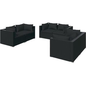 VidaXL 6-delige Loungeset met Kussens - Poly Rattan Zwart