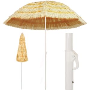 <p>Haal de Hawaï-stijl naar je buitenruimte met onze parasol. Deze parasol biedt niet alleen schaduw, maar beschermt je ook tegen schadelijke uv-stralen van de zon. De parasol is gemaakt van meerlaagse, weer- en uv-bestendige polypropyleen stroken, waardoor hij er aantrekkelijk uitziet. Daarnaast is de parasol bekleed met polyester stof, waardoor hij perfect is voor buitengebruik.</p>
<p>De gepoedercoat stalen paal en baleinen zorgen voor stabiliteit en duurzaamheid van de zonwering. Bovendien is de bovenkant van de parasol kantelbaar, zodat je de beweging van de zon kunt volgen.</p>
<ul>
  <li>Kleur: naturel</li>
  <li>Materiaal doek: PP (polypropyleen)</li>
  <li>Materiaal voering: 100% polyester</li>
  <li>Materiaal frame: gepoedercoat staal</li>
  <li>Booglengte doek: 240 cm</li>
  <li>Diameter doek: 210 cm</li>
  <li>Totale hoogte: 215 cm</li>
  <li>Weer- en uv-bestendig</li>
  <li>Kantelend</li>
</ul>
<p>Geniet van de Hawaï-stijl en bescherm jezelf tegen de zon met onze kwalitatieve parasol. Perfect voor elke buitenruimte!</p>