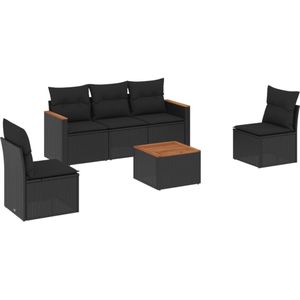 vidaXL 6-delige Loungeset met kussens poly rattan zwart