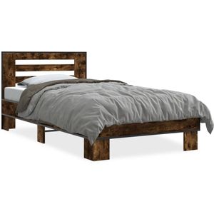 vidaXL Bedframe bewerkt hout en metaal gerookt eikenkleurig 100x200 cm