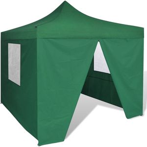 <p>Deze vouwtent is ideaal voor buitenactiviteiten zoals bruiloften, feestjes, BBQ's, kamperen en festivals. De tent kan ook als zonnescherm dienen in de achtertuin.</p>
<p>Het frame is gemaakt van stevig roestbestendig staal. Het dak is gemaakt van 600D oxfordstof met PVC afwerking waardoor het 100% waterdicht en weerbestendig is.</p>
<p>De tent kan volledig worden afgesloten met behulp van de 4 inbegrepen zijwanden. Dankzij de sterke verbindingen is de tent erg duurzaam.</p>
<p>De levering bevat 1 tent en montageaccessoires. Montage is eenvoudig en er is geen speciaal gereedschap nodig.</p>
<p>LET OP: dit product mag NOOIT worden gebruikt in slechte weersomstandigheden, zoals sterke wind, zware regen, sneeuw of storm.</p>
<ul>
  <li>Kleur zeil: groen</li>
  <li>Materiaal frame: gepoedercoat staal</li>
  <li>Materiaal dak: 220 g/m² polyester met PVC coating (100% waterbestendig)</li>
  <li>Afmetingen: circa 291 x 291 x 315 cm (L x B x H)</li>
  <li>Hoogte poot: 2,35 m</li>
  <li>Met 4 zijwanden</li>
  <li>Montage is erg eenvoudig</li>
  <li>Materiaal: Polyester: 100%</li>
</ul>