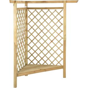 <p>Deze houten hoekpergola met geïntegreerde bank is de perfecte toevoeging aan jouw tuin. Het is niet alleen een blikvanger, maar ook een ideale basis voor rozen en andere klimplanten. Gemaakt van groen geïmpregneerd grenenhout, is deze tuinpergola zeer stevig en duurzaam.</p>
<p>Het tuinprieel biedt een stabiele plek voor jouw favoriete planten en wordt het middelpunt van jouw tuin. Daarnaast is het geïntegreerde bankje een heerlijke plek om te genieten van het prachtige tuinlandschap.</p>
<p>Houd er rekening mee dat hout een natuurlijk product is en daarom oneffenheden kan vertonen. Dit draagt echter bij aan de charme en authenticiteit van de pergola.</p>
<ul>
  <li>Materiaal: grenenhout, groen geïmpregneerd</li>
  <li>Totale afmetingen: 166 x 81 x 174 cm (B x D x H)</li>
  <li>Diepte zitting: 116 cm</li>
  <li>Zithoogte vanaf de grond: 28 cm</li>
  <li>Montage vereist</li>
</ul>