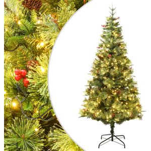 vidaXL Kerstboom met LED's en dennenappels 225 cm PVC en PE groen - Prachtig verlichte kerstboom met dennenappels en LED's